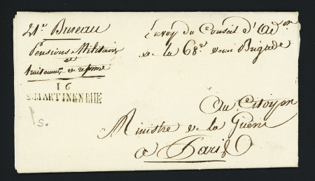 MP"16 S. Martin en Rhé" (1801 - période révolutionnaire avec suppression du mot "Saint"), pli militaire de la 68ème demi-brigade. TB