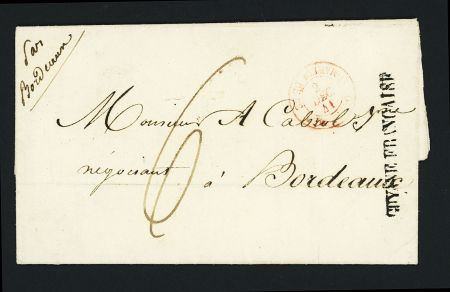 Lettre de Guyane pour Bordeaux avec MP noire "Guyane Française" (TB) + CAD rouge "Outre-Mer St Martin de Ré" (1841) (B), ind 15