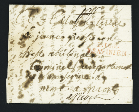 MP rouge "P 16 P S.Savinien" (1795 - 32x9mm) pour Niort, ind 18. TB