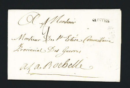 Petite MP "Saintes" (Ln°3 - 1772) sur lettre adressée au commissaire provincial des guerres à La Rochelle, ind 13. TB