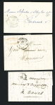 3 lettres avec CAD T12 "Saintes (16)" (1844 et 1846 - ind 1 chaque) et T15 Saintes (1853) + boite rurale "Q" (Le Douhet) et taxe 25 double-trait. TB