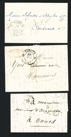 3 lettres avec CAD T12 "Saintes (16)" (1844 et 1846 - ind 1 chaque) et T15 Saintes (1853) + boite rurale "Q" (Le Douhet) et taxe 25 double-trait. TB