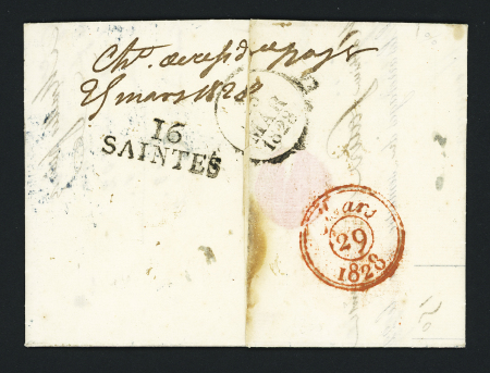 Lettre de Paris pour Saintes réexpédiée à Paris (changement de résidence) avec au verso MP "16 Saintes" (1828), peu courant et TB, ind 13