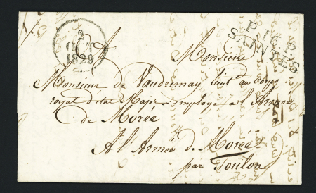 MP "P 16 P Saintes" (type 6 - 33x10mm) sur lettre adressée à un soldat de l'armée de Morée par Toulon (1829), ind 15. TB