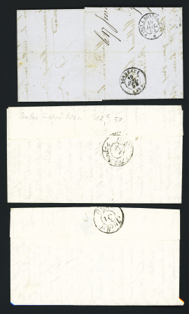 Saujon : 3 plis : T15 (1854) + taxe 30 double-trait, T14 (1839) et T12 (1833). TB