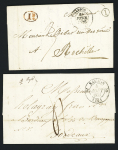 2 lettres de Saujon : T14 (1846) + boite rurale "I" + décime rural rouge et T12 (1832). TB
