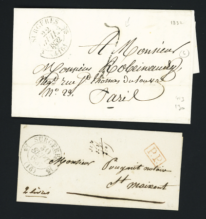 2 lettres : CAD T12 Surgères (1837 + "PP" rouge encadré et T12 (1832) + taxe 7 tampon façon manuscrite. TB
