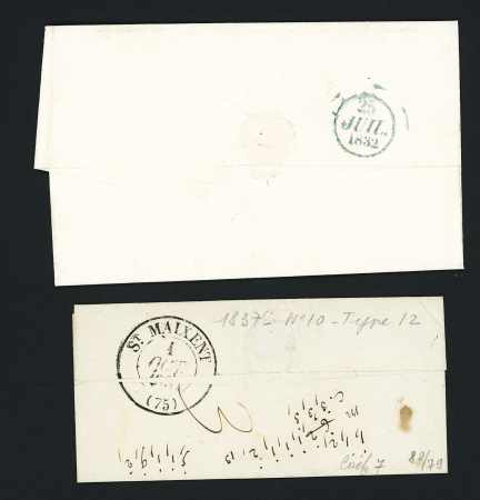 2 lettres : CAD T12 Surgères (1837 + "PP" rouge encadré et T12 (1832) + taxe 7 tampon façon manuscrite. TB