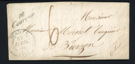 Courçon : cursive "16 Courçon" + T14 "Nuaillé (16)" (1845) + taxe 6 manuscrite, ind 16. TB