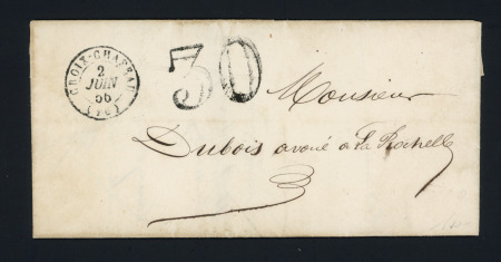 Croix-Chapeau : lettre avec T15 "Croix-Chapeau (16)" (1856) + taxe 30 double-trait, ind 8. TB