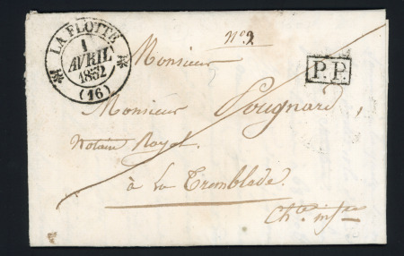Lettre avec T12 "La Flotte" (1852) + "PP" noir encadré, ind 7. TB
