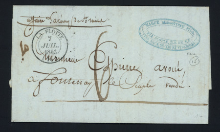 Lettre avec T14 "La Flotte (16)" (1843), frappe TB ce qui est rare pour ce CAD + taxe manuscrite 6, ind 15. TB