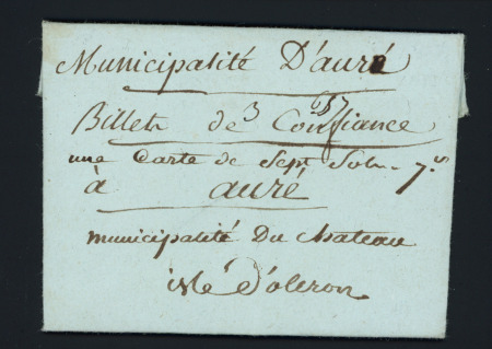 Château d'Oléron : lettre sans MP avec mention manuscrite "Municipalité de Château d'Oléron", concerne l'envoi de billets de confiance (fermée avec 3 cachets de cire rouges) (1793), peu courant et TB