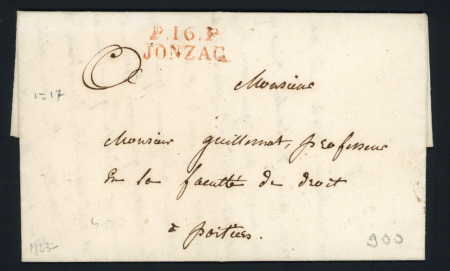 MP rouge "P 16 P , Jonzac" (26 x 10, 1823), ind 17, jolie pièce
