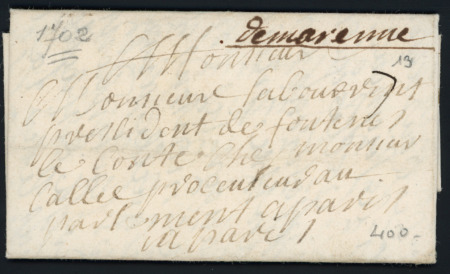 Marennes : marque manuscrite "de Marenne" (1702 - L n°1) ind 12. TB