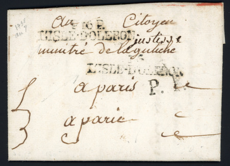 MP "P 16 P L'Isle d'Oleron" + "16 L'Isle d'Oleron" sur la même lettre (1798), ind 16. TB
