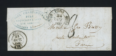 Lettre avec au recto CAD T11 et T14 "Pons (16)" (1837) + taxe 8 tampon façon manuscrite - association peu courante - ind 13. TB