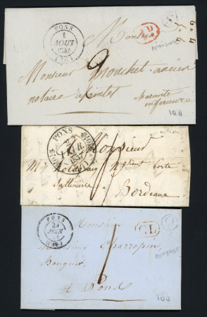 Pons : 3 lettres avec CAD T12 (1837), T14 (1844) + boite rurale "S" de Pérignac, T15 (1851) = boite rurale "Q" de Pouyade, TB
