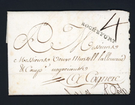 Petite MP "Rochefort" (L n°6 - 1783) + taxe 4 manuscrite, ind 10. TB
