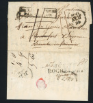 Lettre de Grèce pour Rochefort via Toulon et Bayonne, datée de la frégate La Calypso en rade de Navarin (1831) avec MP d'entrée "Pays d'outremer par Toulon" et au verso MP "Deb 16 Rochefort", ind 21, B/TB