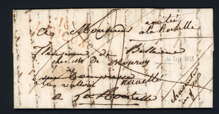 Lettre de Chalabre (Aude) avec MP rouge "10 Limoux" (1818) pour La Rochelle avec marque manuscrite "acquittée" à la Rochelle, ind 13. TB