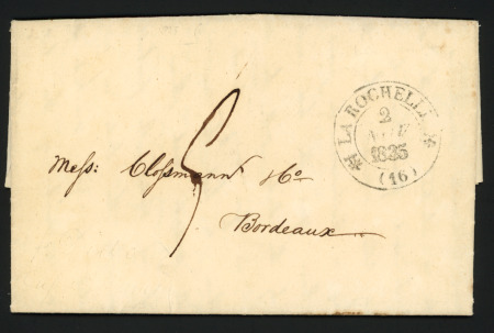 Lettre de Norfolk (GB) pour Bordeaux avec entrée maritime exceptionnelle T12 "La Rochelle (16)" (1835), acheminée par le brick Dido (capitaine Adams), ind 19. TB