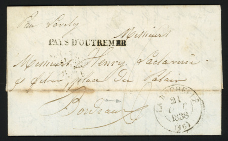 Lettre de Santiago de Cuba (1838) pour Bordeaux avec MP d'entrée "Pays d'Outremer" + T13 La Rochelle (Dubus n°42), ind 14, TB