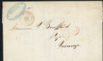 Lettre de Saint-Pierre (Terre-Neuve) pour Fécamp avec T15 rouge "Colonies fra La Rochelle" (1851) + taxe rouge 35 double-trait, ind 17, rare, B/TB