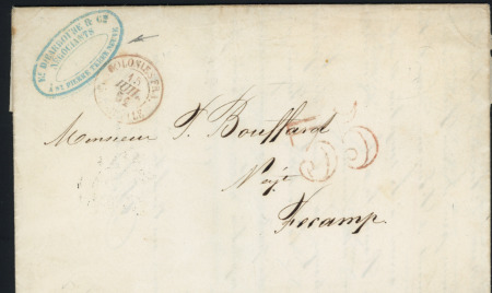 Lettre de Saint-Pierre (Terre-Neuve) pour Fécamp avec T15 rouge "Colonies fra La Rochelle" (1851) + taxe rouge 35 double-trait, ind 17, rare, B/TB