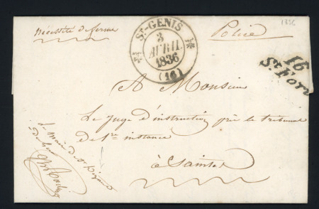 Saint-Fort : cursive "16 St Fort" + T12 "St Genis (16)" (1836), ind 8. TB