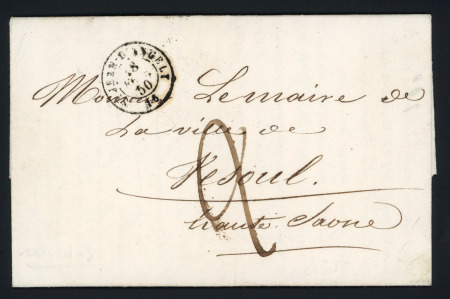 T15 "St Jean d'Angely 16" (1850) + taxe 2 manuscrite sur lettre pour Vesoul avec cachet bleu de la mairie au verso. TB