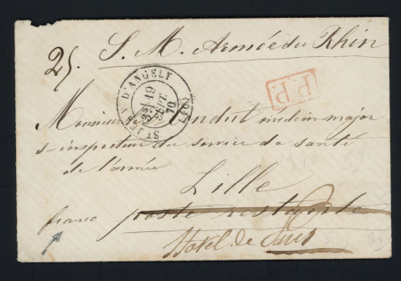 Lettre avec mention manuscrite "SM Armée du Rhin" + T17 "St Jean d'Angely (16)" (19 sept 70) + "PP" rouge encadré pour Lille. TB
