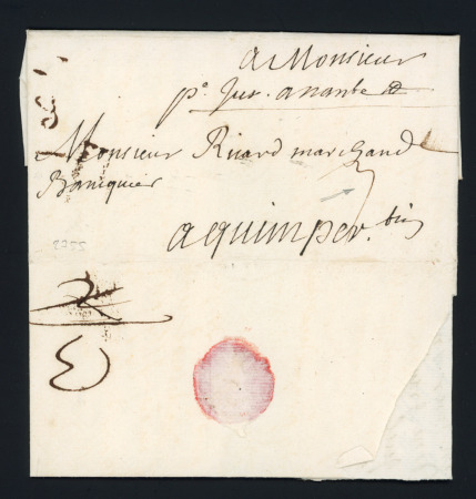 Saint-Martin de Ré : marque manuscrite de port payé "Pé jus à Nantes" + mention manuscrite "3" - (1ère date vue), ind 21, RR et TB
