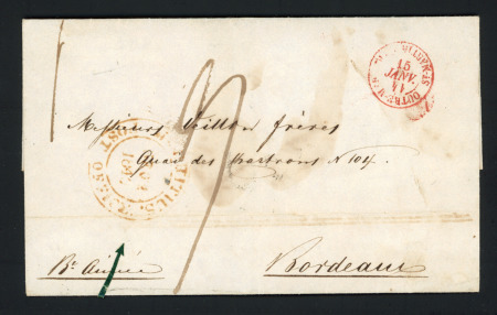 Lettre avec grand cachet rouge "Mauritius post office" pour Bordeaux avec CAD d'entrée rouge "Outre-Mer St Martin de Ré" (1841), ind 15. TB