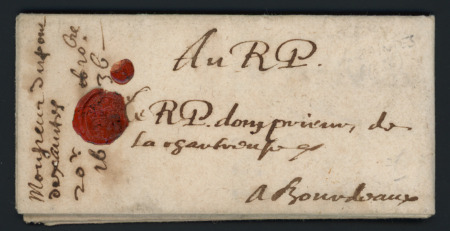 Saintes : lettre de 1638 sans marque postale avec cachet de cire rouge au recto (plus ancienne lettre datée connue de Saintes). Ind 16. TB