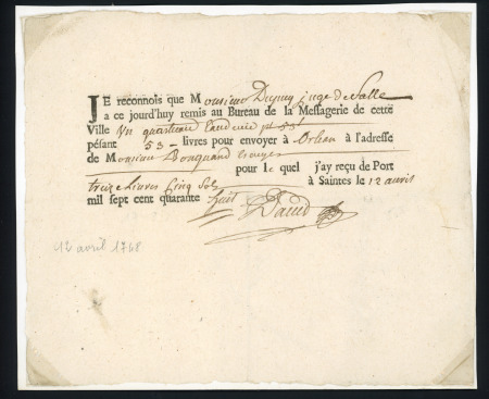Récépissé imprimé de port du bureau de messagerie de Saintes (1748), ind 12. TB