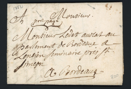 MP "Xainte" à sec + "Port payé" manuscrit (L N°1a + 5a) (1752), ind 20. rare et TB