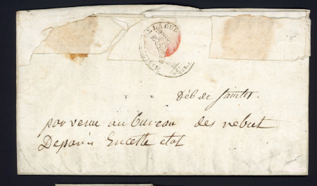 Lettre pour Saintes réexpédiée à Paris avec Marques manuscrites au verso "Déb de Saintes" et "parvenue au bureau des rebuts de Paris en cet état" (1797), ind 21. rare et TB