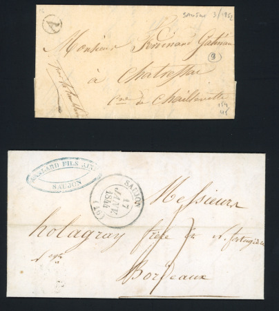 2 lettres: boite rurale "A" seule de Saujon (1852) et T14 "Saujon (16)" (1844), ind 9 et ind 4. TB