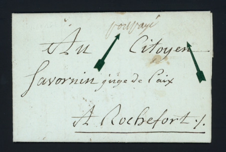 MP à sec "P 16 P Surgères" + "Port Payé" manuscrit (1803 - 30 x 8), ind 13. TB