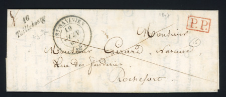 Cursive "16 Taillebourg" + T14 "St Savinien (16) " (1847) + "PP" Rouge encadré. Jolie pièce, Ind 15