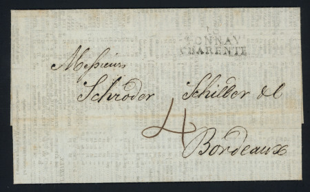 Lettre de Liverpool pour Bordeaux avec MP d'entrée maritime sur 3 lignes "16 Tonnay Charente" (1824), ind 19. rare et TB