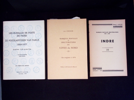 15 ouvrages sur les marques postales et oblitérations départementales : Bouches du Rhone - Maine et Loire - Hautes et Basses Alpes - Vaucluse - Allier - Creuse - Indre - Côtes du Nord - Paris - Puy de Dôme - Doubs -