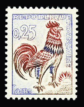 N°1331d 25c Coq de Decaris, papier spécial fluo,