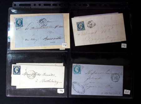 34 lettres de Sarrebourg AFF n°14 (dont une paire) OBL PC 2810 + T15