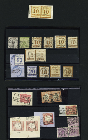 Ensemble de timbres détachés (21 Alsace et 10 Allemagne) avec OBL de Sarrebourg dont Alsace n°6 OBL T16 bleu Sarrebourg (3 nov 70) sur fragment. TB