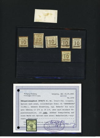 Ensemble de timbres détachés (21 Alsace et 10 Allemagne) avec OBL de Sarrebourg dont Alsace n°6 OBL T16 bleu Sarrebourg (3 nov 70) sur fragment. TB