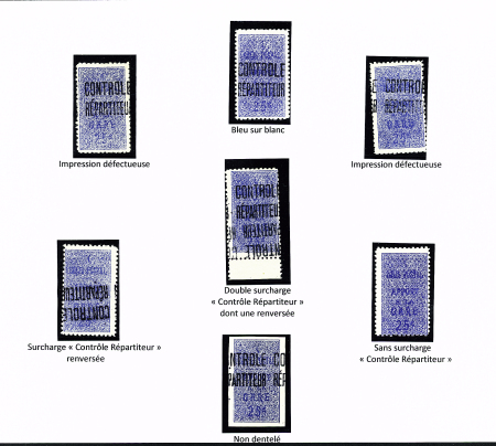 N°7A, 7 timbres dont impression défectueuse, surch. renversée, double dont une renversée, sans surch., ND