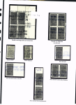 N°8A, ensemble sur 2 pages de 30 timbres (seul, paires, blocs) comprenant : anneau de lune, petit chiffre 1, sans surch., impression défectueuse, piquage en diagonale recto verso, ND, ND bord de feuille, ND horiz., ND