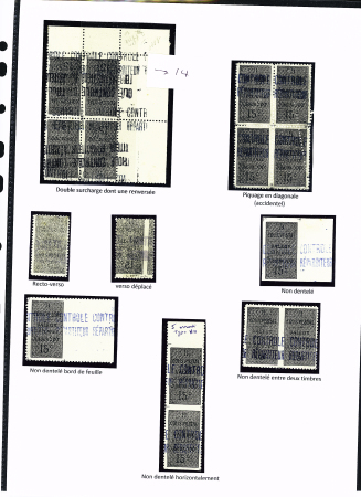 N°8A, ensemble sur 2 pages de 30 timbres (seul, paires, blocs) comprenant : anneau de lune, petit chiffre 1, sans surch., impression défectueuse, piquage en diagonale recto verso, ND, ND bord de feuille, ND horiz., ND